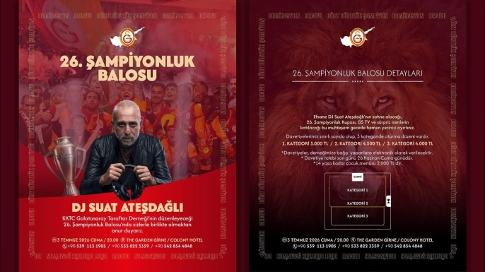 KKTC Galatasaray Taraftar Derneği, sarı-kırmızılı ekibin 26. şampiyonluğunu Girne’de düzenlenecek özel bir baloyla kutlamaya hazırlanıyor.